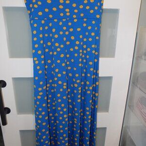 LULAROE BLUE AND GOLD POLKA DOTS MAXI SKIRT SIZE L WOMEN'S NWOT
